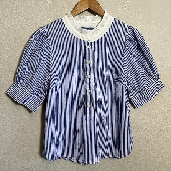 J. Crew Puff Sleeve Button Front Shirt S Blue Stripe Popover Ruffle Collar - Picture 2 of 7